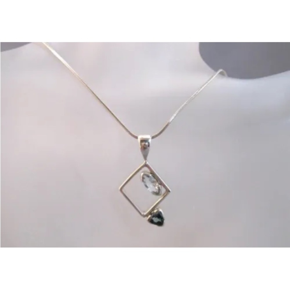 Contemporary sterling silver pendant necklace with aquarium and green topaz